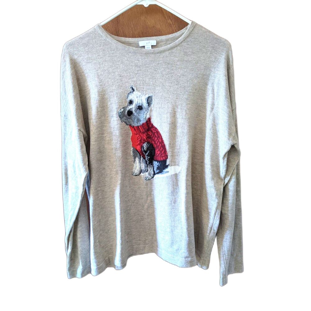 J.Jill Weston Mini Schnauzer Dog Sweater Beige Puppy Pullover Womens Sz M SOFT!
